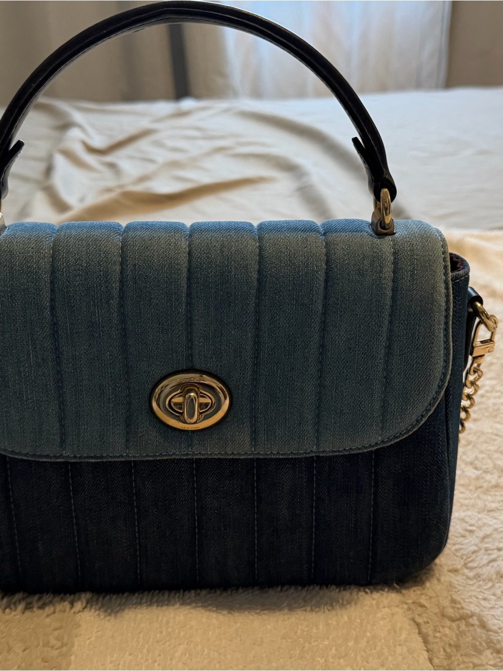 Coach Denim Quilted Top-Handle Satchel in Two-Tone Blue